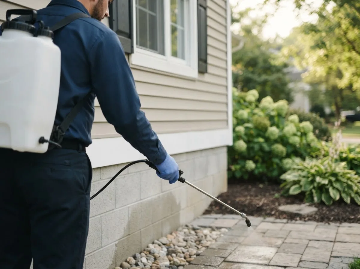 Pest control technician inspecting a home in Sand Creek, MI